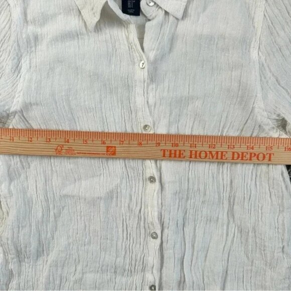 TAHARI Size S 100% Linen TunicShirt Button Front Roll Tab Sleeve Side Slit White - Picture 5 of 7
